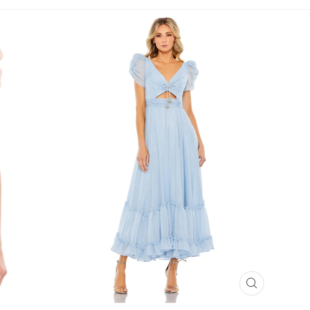 NWT Mac Duggal Ruffle Tiered Metallic Ruched Shoulder Dress